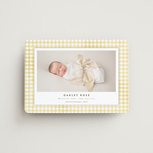 This is a marigold birth announcement magnets with standard by Jessie Steury called gingham printing on magnet paper in magnet