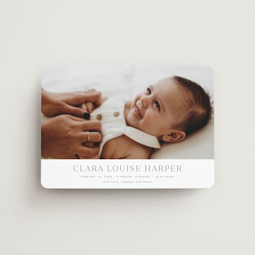 This is a moon birth announcement magnets with standard by Megan Davis called canvas printing on magnet paper in magnet