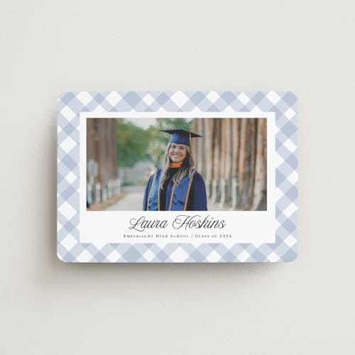 This is a powder graduation announcements with standard by Kampai Designs called gingham printing on magnet paper in magnet