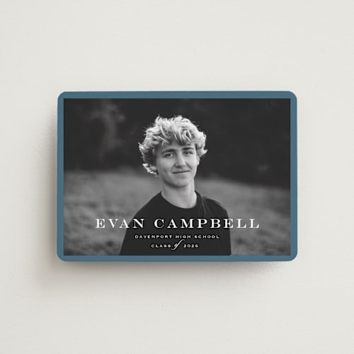 This is a rain graduation announcements with standard by Carolyn MacLaren called forever young printing on magnet paper in magnet