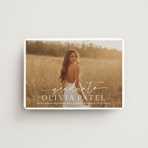 This is a snow graduation announcements with standard by Sarah Curry called graduate script printing on magnet paper in magnet