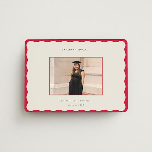 This is a crimson graduation announcements with standard by Baumbirdy called decorative frame printing on magnet paper in magnet
