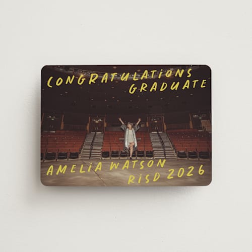This is a lemoncello graduation announcements with standard by Maja Cunningham called celebration printing on magnet paper in magnet