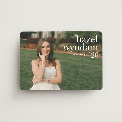 This is a moon graduation announcements with standard by Bryanna Mehner called crest printing on magnet paper in magnet