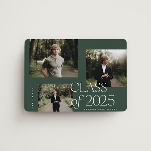 This is a forest graduation announcements with standard by Kelly Schmidt called troi printing on magnet paper in magnet