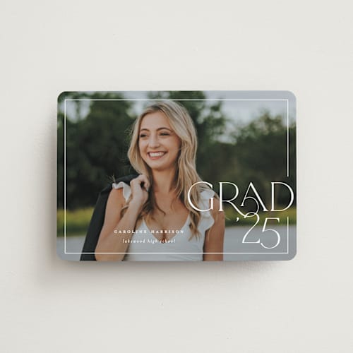 This is a snow graduation announcements with standard by Lauren Chism called broken border printing on magnet paper in magnet