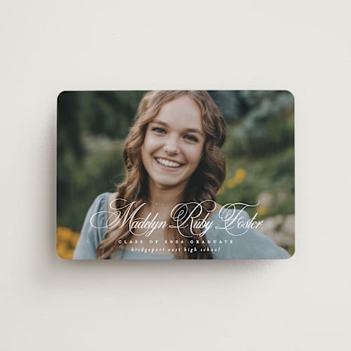 This is a salt graduation announcements with standard by Lea Delaveris called with a flourish printing on magnet paper in magnet