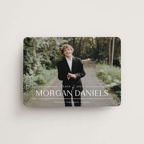 This is a eggshell graduation announcements with standard by Carolyn MacLaren called grad in overlay printing on magnet paper in magnet
