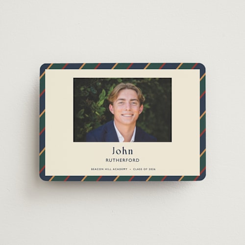 This is a navy graduation announcements with standard by Sarah Rosenthal called belmont printing on magnet paper in magnet