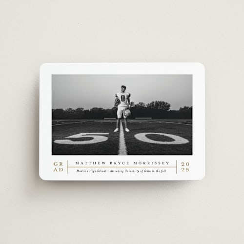 This is a golden graduation announcements with standard by Erica Krystek called modern grid printing on magnet paper in magnet