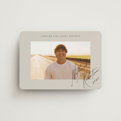 This is a sandstone graduation announcements with standard by Stacy Maalouf called grad signature printing on magnet paper in magnet