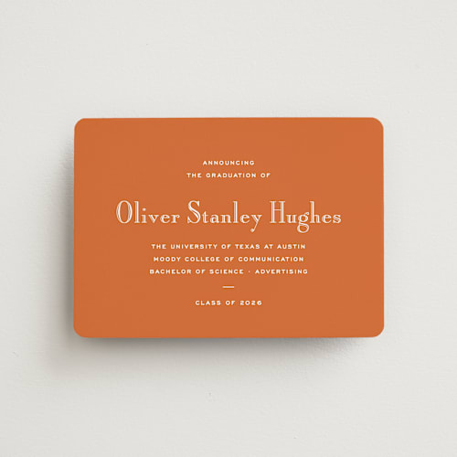 This is a burnt orange graduation announcements with standard by Megan Davis called campus printing on magnet paper in magnet