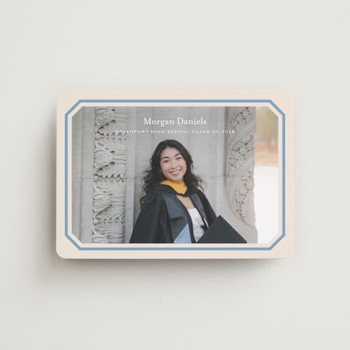 This is a robins egg graduation announcements with standard by Carolyn MacLaren called angled frame printing on magnet paper in magnet