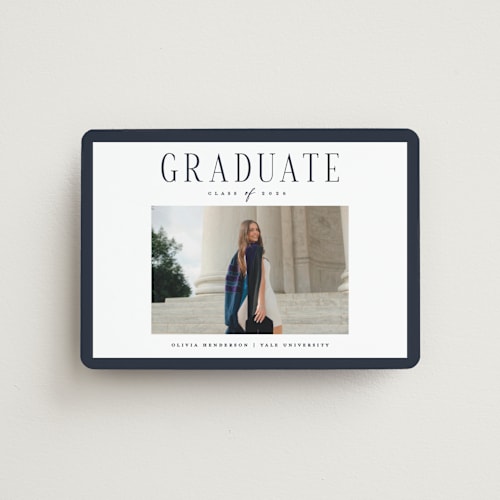 This is a navy graduation announcements with standard by Christy Hy Lee called classic layout printing on magnet paper in magnet