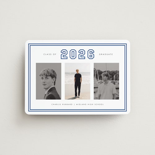 This is a royal graduation announcements with standard by Stacey Meacham called letterman printing on magnet paper in magnet