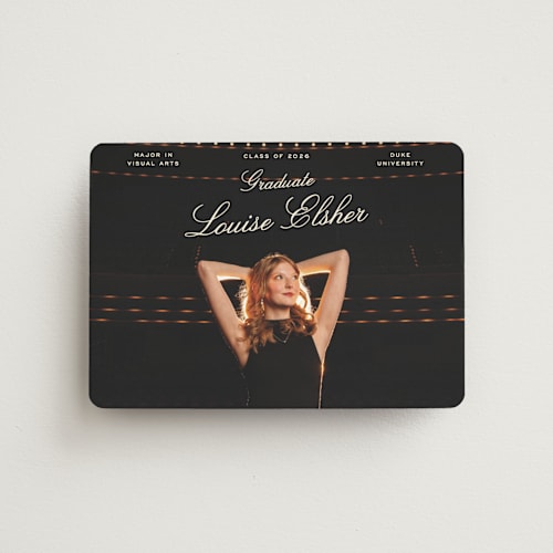 This is a champagne graduation announcements with standard by Pati Cascino called teather printing on magnet paper in magnet