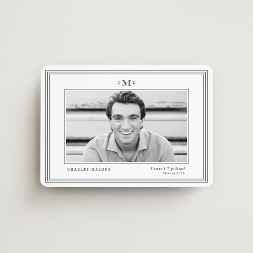 This is a steel graduation announcements with standard by Creo Study called timeless impressions printing on magnet paper in magnet