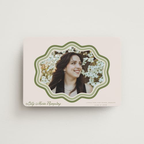 This is a matcha graduation announcements with standard by Melanie Kosuge called scalloped printing on magnet paper in magnet