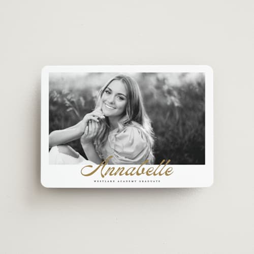 This is a golden graduation announcements with standard by Maja Cunningham called vintage script printing on magnet paper in magnet