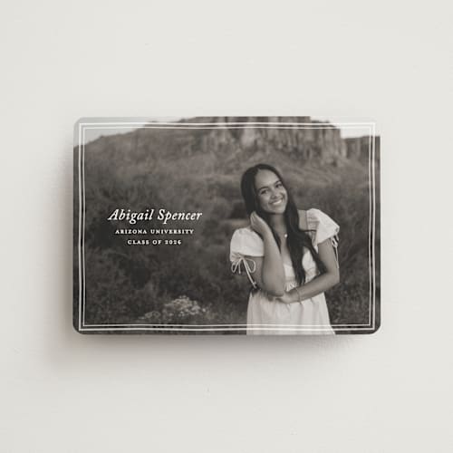 This is a cream graduation announcements with standard by Ellen Schlegelmilch called abigail printing on magnet paper in magnet