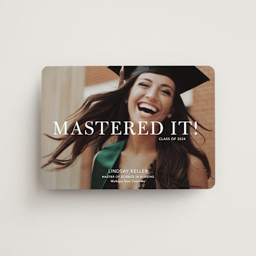 This is a snow graduation announcements with standard by Stacie Stankos called mastered it printing on magnet paper in magnet