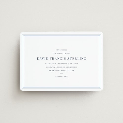 This is a navy graduation announcements with standard by Megan Davis called scholarly spirit printing on magnet paper in magnet
