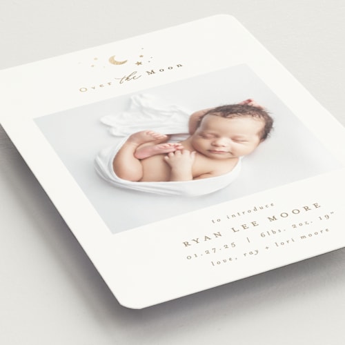 This is a fawn birth announcement magnets with foil pressed by AK Graphics called over the moon printing on magnet paper in magnet