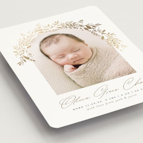 This is a fawn birth announcement magnets with foil pressed by Susan Zinader called floral arch printing on magnet paper in magnet