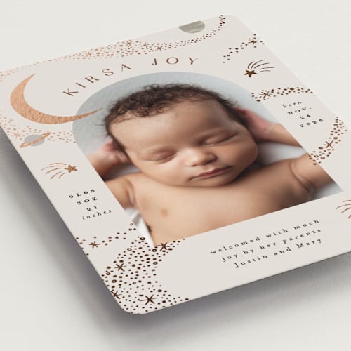This is a mocha birth announcement magnets with foil pressed by Alethea and Ruth called galaxy printing on magnet paper in magnet