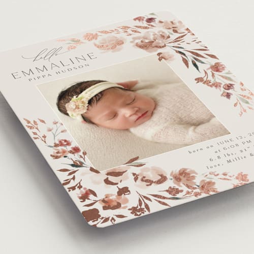 This is a rose birth announcement magnets with foil pressed by Nicoletta Savod called grace printing on magnet paper in magnet