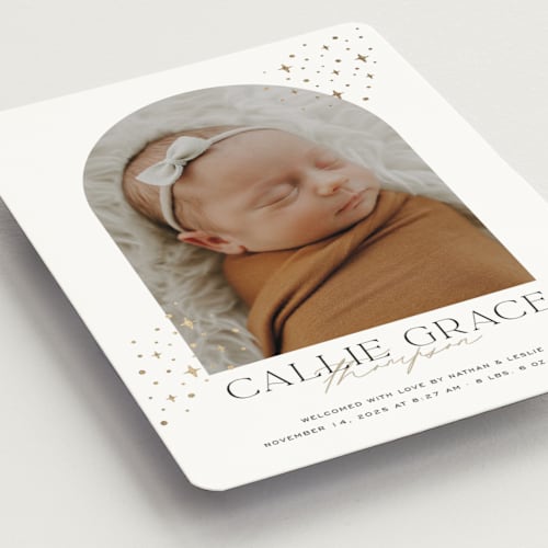 This is a cloud birth announcement magnets with foil pressed by Molly Wiggins called starlit sky printing on magnet paper in magnet