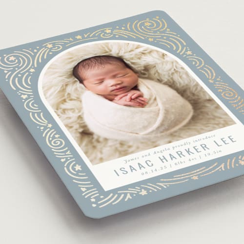 This is a slateblue birth announcement magnets with foil pressed by Meggy Masters called star bright printing on magnet paper in magnet