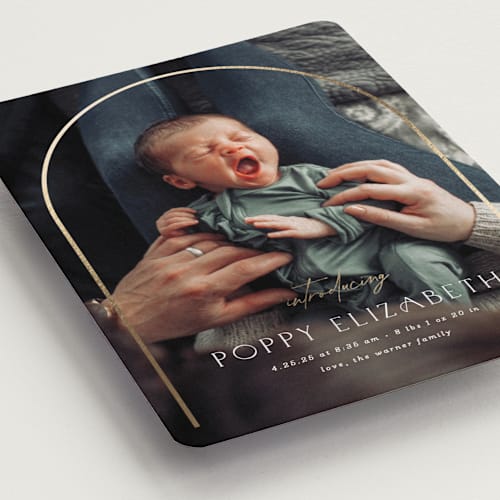 This is a linen birth announcement magnets with foil pressed by Erica Krystek called classic arch printing on magnet paper in magnet