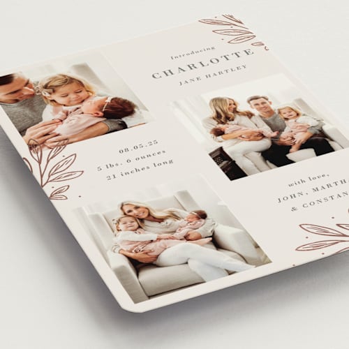 This is a rose birth announcement magnets with foil pressed by Oma N. Ramkhelawan called modern botanica printing on magnet paper in magnet