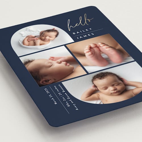 This is a navy birth announcement magnets with foil pressed by Carolyn MacLaren called so current printing on magnet paper in magnet