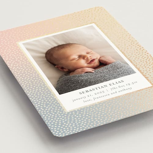 This is a sunrise birth announcement magnets with foil pressed by Townsend Majors called mini confetti printing on magnet paper in magnet