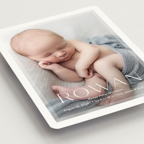 This is a sugar birth announcement magnets with standard by Jessica Williams called frosted frame printing on magnet paper in magnet