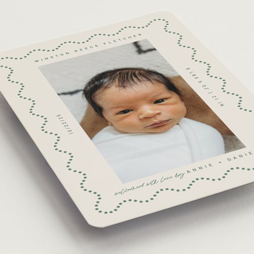 This is a moss birth announcement magnets with standard by Kelly Watkins called squiggle printing on magnet paper in magnet