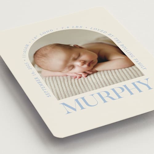This is a bluebird day birth announcement magnets with standard by Baumbirdy called type arch printing on magnet paper in magnet
