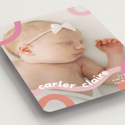 This is a peach sherbet birth announcement magnets with standard by Lauren Chism called wiggle worm printing on magnet paper in magnet