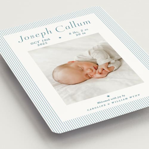 This is a baby blue birth announcement magnets with standard by Alston Foster called sweet stripes printing on magnet paper in magnet