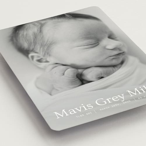 This is a snow birth announcement magnets with standard by Bramble Studio called simple in serif printing on magnet paper in magnet