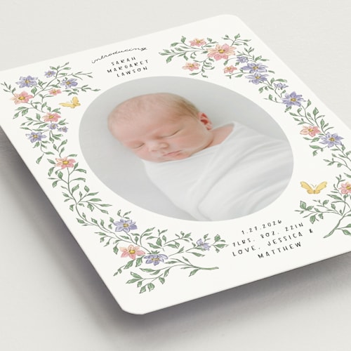 This is a garden birth announcement magnets with standard by Grae called tiny flowers printing on magnet paper in magnet