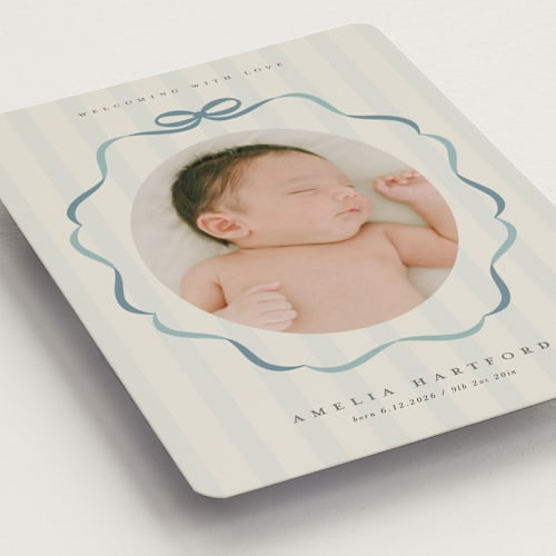 This is a lagoon birth announcement magnets with standard by Lori Wemple called bows and stripes printing on magnet paper in magnet
