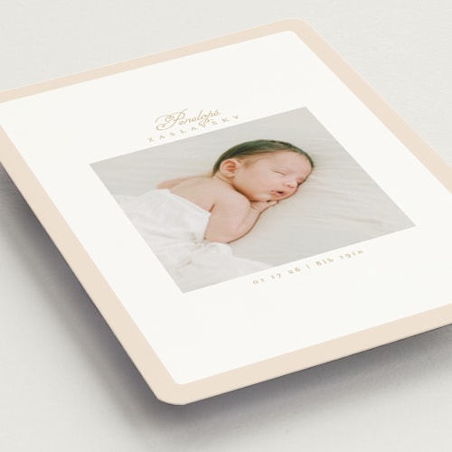 This is a peachy birth announcement magnets with standard by Phrosné Barwood called soft frame printing on magnet paper in magnet