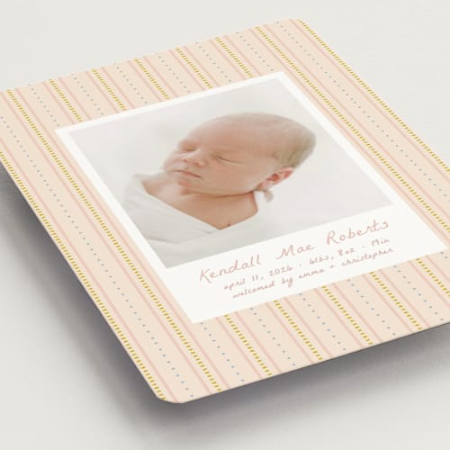 This is a blush birth announcement magnets with standard by Ellen Schlegelmilch called patterned stripes printing on magnet paper in magnet