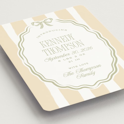 This is a sage birth announcement magnets with standard by Robert and Stella called bow frame printing on magnet paper in magnet