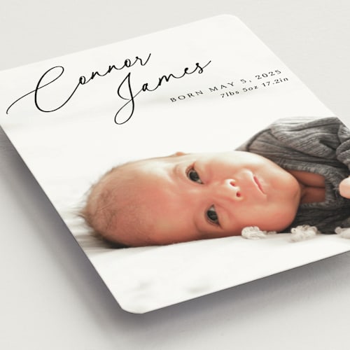 This is a obsidian birth announcement magnets with standard by Kaydi Bishop called on the horizon printing on magnet paper in magnet