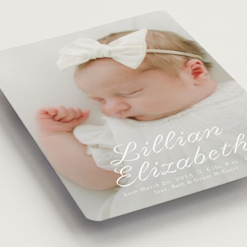 This is a cotton birth announcement magnets with standard by Megan Davis called georgette printing on magnet paper in magnet