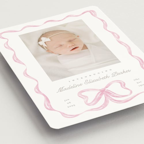 This is a peony birth announcement magnets with standard by Creo Study called squiggle bow printing on magnet paper in magnet